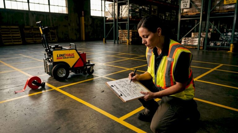 Warehouse supervisor checking pallet grid floor markings