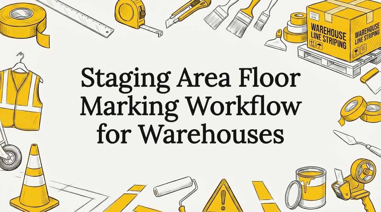 Decorative title card with hand-drawn warehouse marking tools