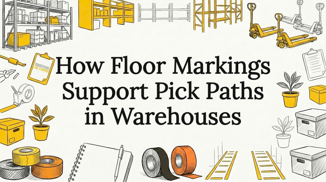 Decorative illustrative title card with warehouse floor marking motifs