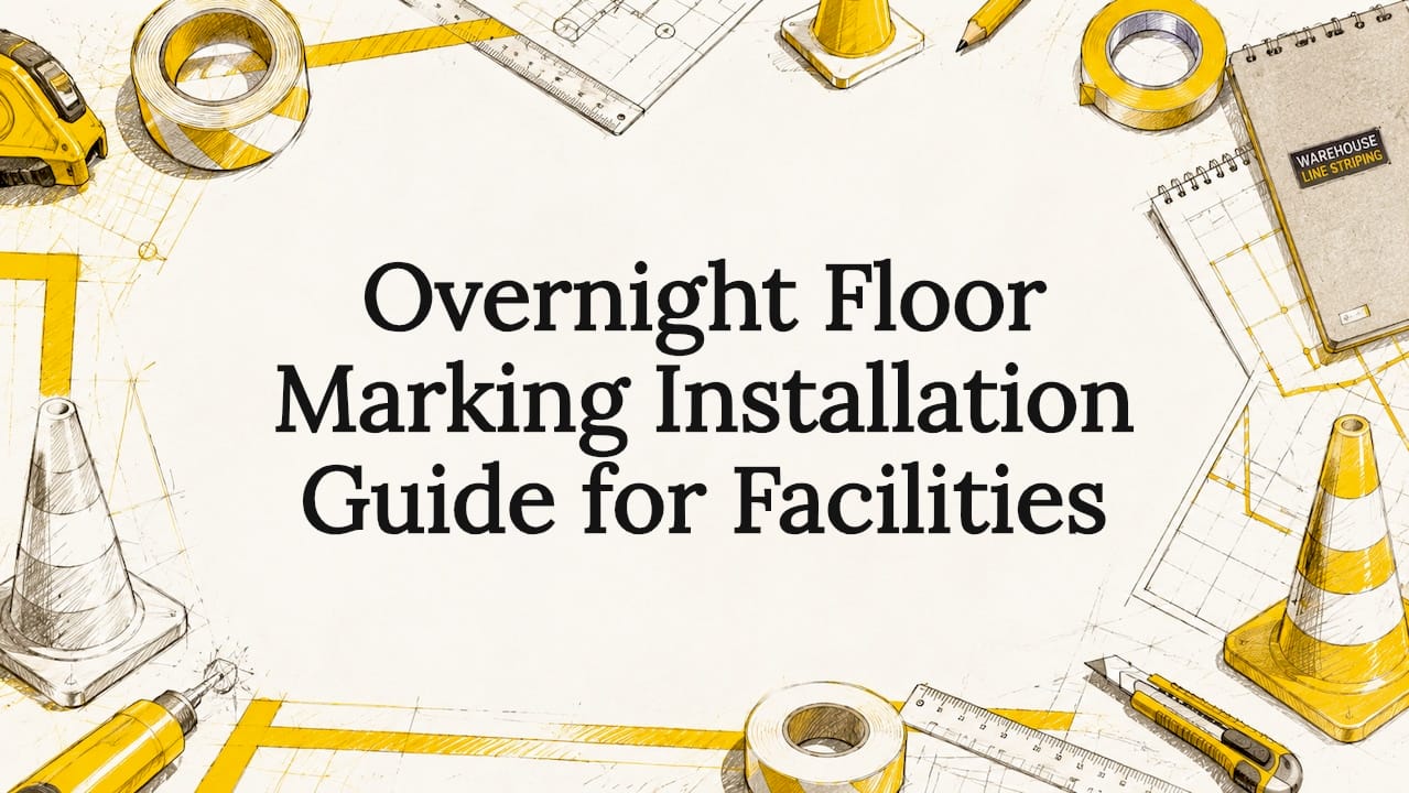 Decorative title card with floor marking tools and tape
