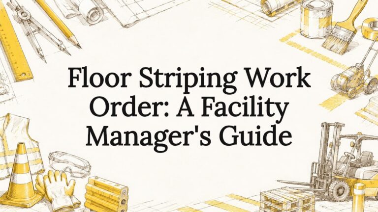 Decorative hand-drawn title card illustration with drafting and floor marking tools